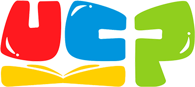 Emblema da UCP: as letras U, C e P em vermelho, azul e verde, com relevo brilhante, sobre uma Bíblia aberta amarela