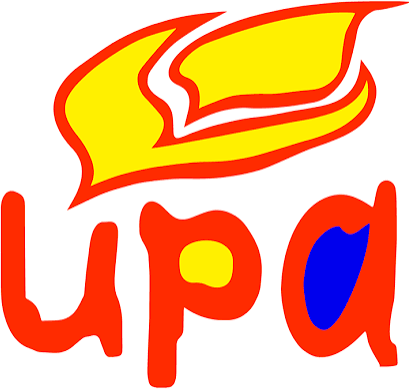 Emblema da UPA: uma chama amarela contornada de vermelho sobre as letras u, p e a em vermelho, com o miolo do p em amarelo e o do a em azul